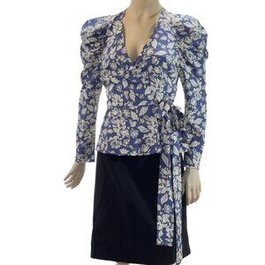 ASTR The LABEL Top Polyester Royal Blue Floral Attached Side Tie Wrap Puffed Gat